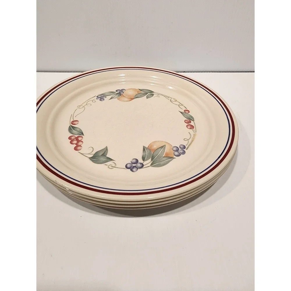 Corelle‎ Abundance Luncheon Plates (4) Blue & Maroon Bands with  Fruits